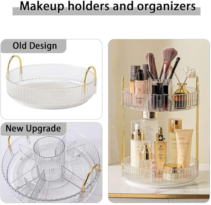 Rotating Makeup Organizer for Vanity, High-Capacity Skincare Clear Make Up Storage Perfume Organizers Cosmetic Dresser Organizer Countertop 360 Spinning (Clear, New-2 Tier)