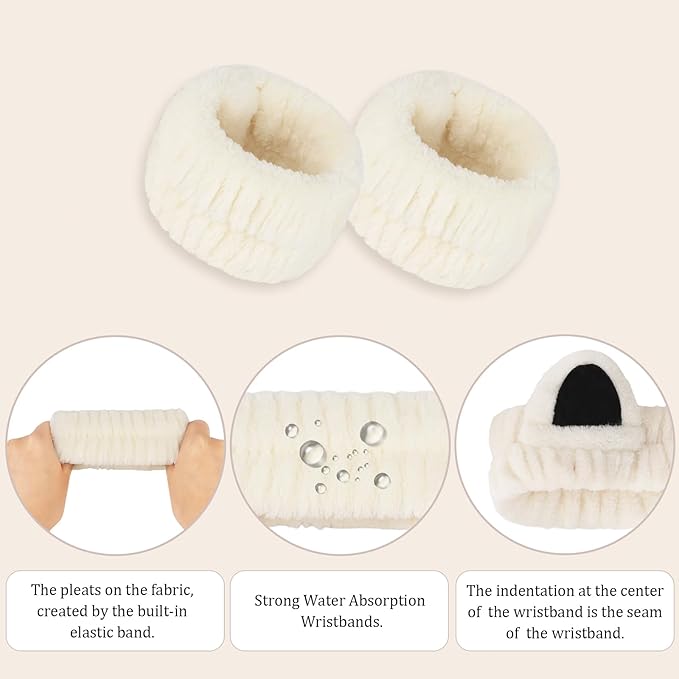 6pcs Ears Spa Headband and Wristband Set, Cute Cat Ears and Bunny Ears Makeup Headbands for Washing Face, Coral Fleece Elastic Head Band for Women Girls
