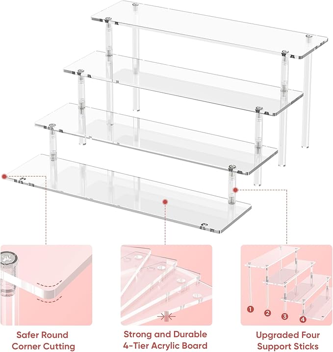 4 Tier Acrylic Display Risers, Clear Perfume Organizer Stand, Large Cupcake Stand Holder, Dessert Display for Party, Display Shelf for Figure and Collection, Riser Stand for Decoration and Organizer