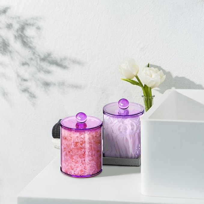XIPENGKEJI 4 Pack Qtip Holder,Canister Apothecary Jar Set, Bathroom Jars with Lids Set for Cotton Swabs, Balls, Pads, Floss Picks,10oz-12oz Plastic Canisters Restroom Bedroom Vanity Organizer(Purple)
