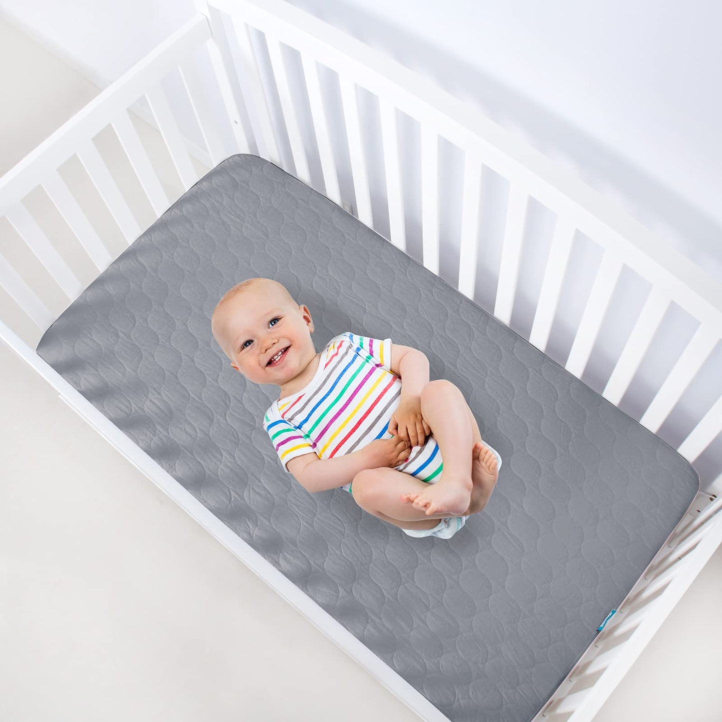Biloban Crib Mattress Protector 2 Pack, Waterproof, Quilted, Grey & White, Absorbent, Ultra Soft, Noiseless, Durable