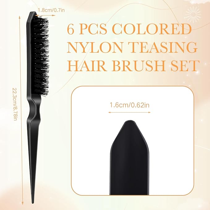 Yaomiao 6 Pcs Teasing Brush for Fine Hair Nylon Rat Tail Brush Set Women Three Row Salon Teasing Set for Back Combing, Root Hair Scalp Massage(Black)