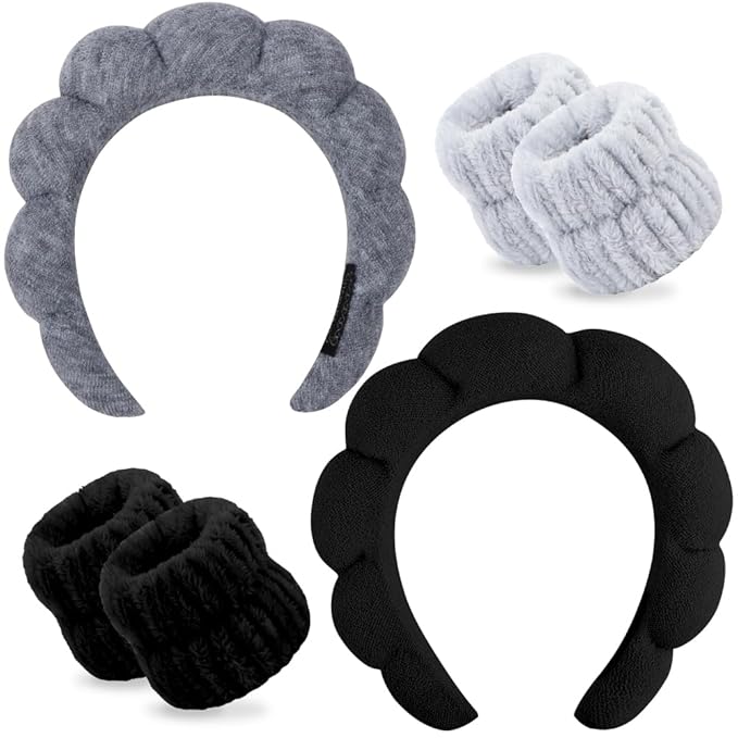 SPA Headbands for Washing Face Makeup Headbands with Bow Hair Band Women Facial Head Band Wrist Towel Wraps For Shower Face Mask Gray Black, 6 Pack