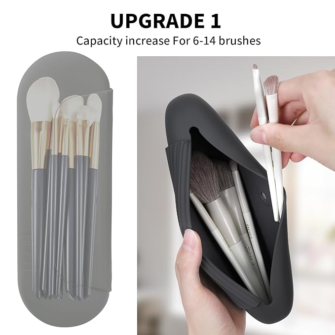 2 IN 1 Silicone Makeup Brush Holder with Beauty Make Up Sponge Holder Case：Soft Portable Cosmetic Face Brushes Holder with Upgrade Anti-Fall Out Magnetic Closure - Grey