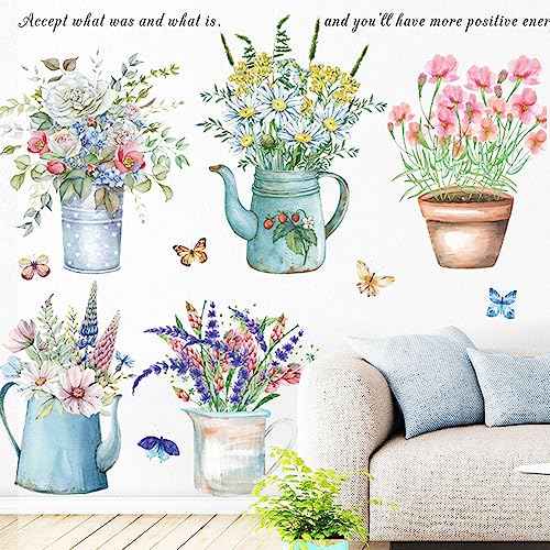 Wall Decals, Butterfly and Flower Pots Pattern, Floral Theme Stickers