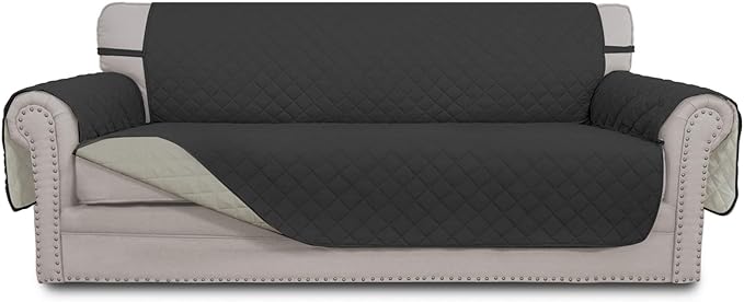 Easy-Going 4 Seater Sofa Slipcover Reversible Sofa Cover Water Resistant Couch Cover with Foam Sticks Elastic Straps Furniture Protector for Pets Children Dog Cat (XX-Large, Darkgray/Beige)