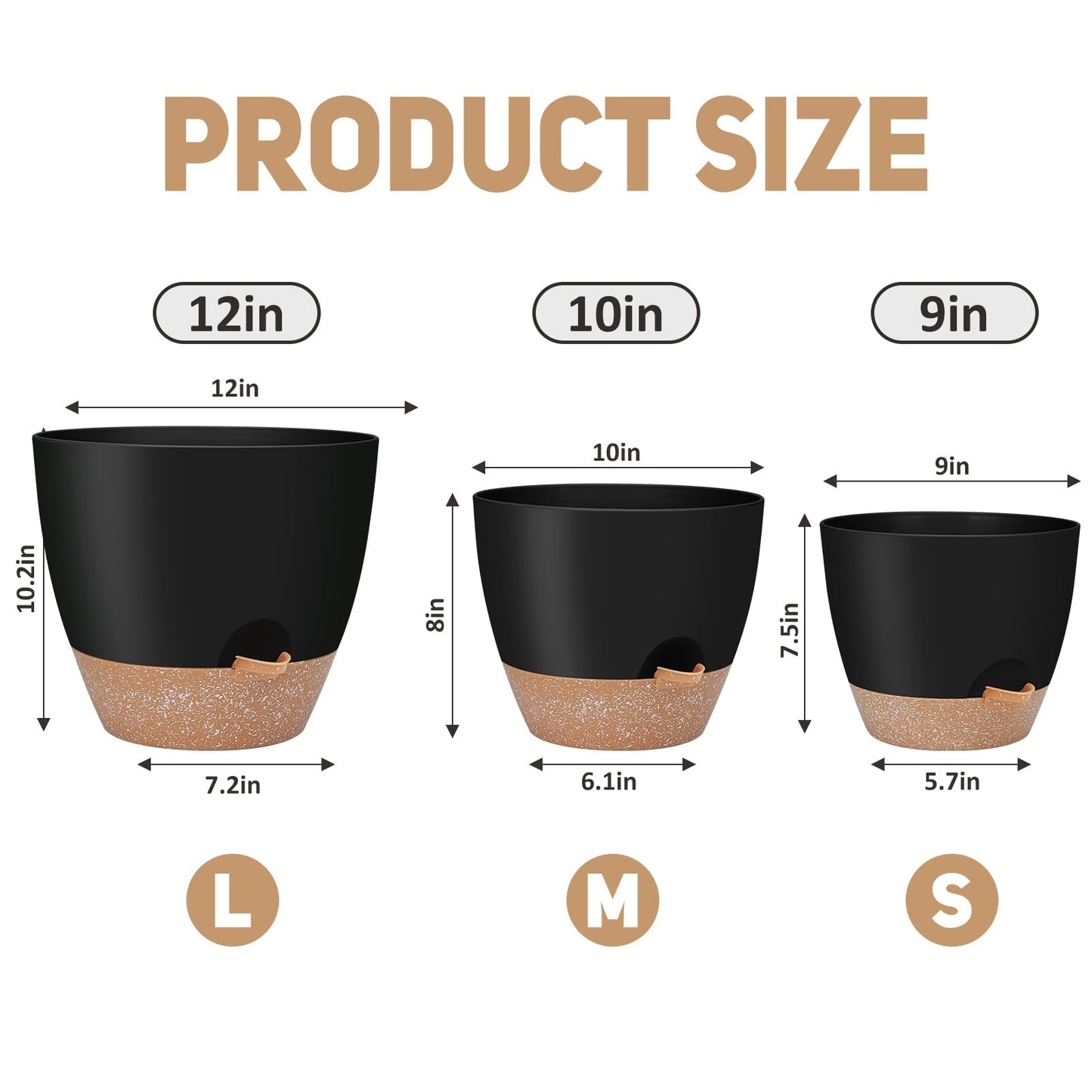 YNNICO 12" 10" 9" Large Self Watering Plant Pots, 3 Pack Flower Pots Planters with Multi Mesh Drainage Holes for Indoor Outdoor Garden Plants and Flowers (Black)