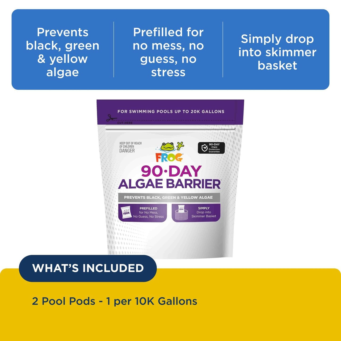 FROG 90-Day Algae Barrier - Dry Formula Algaecide Prevents Black, Green and Yellow Algae for Pools up to 20,000 Gallons - Pool Maintenance & Algae Prevention - 2 Pods
