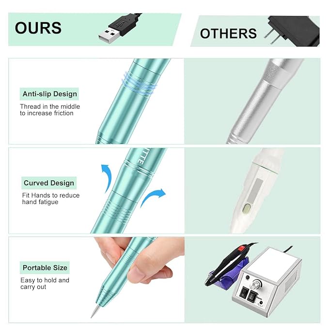 Electric Nail Drill,USB Electric Nail Drill Machine for Acrylic Nail Kit,Portable Electric Nail File Polishing Tool Manicure Pedicure Kit Efile Nail Supplies for Home Salon,Green