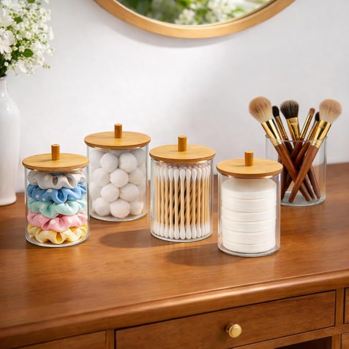 15oz Glass Qtip Holder Dispenser Set - Cotton Swab Holder with Bamboo Lids, Bathroom Canisters Apothecary Jar Vanity Storage Organizer for Cotton Balls Pads, Floss Picks (2 Pack)