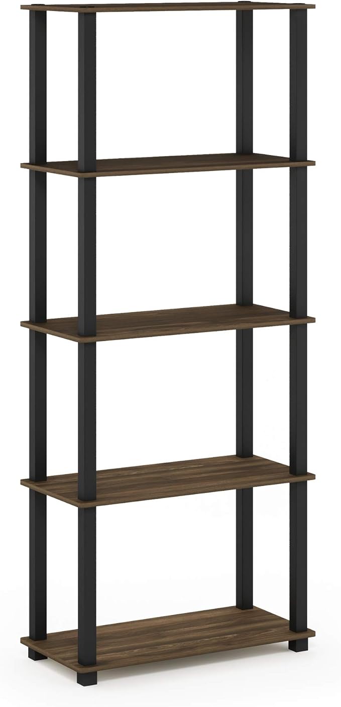 Furinno TURN-S-TUBE Book Shelf, 5-Tier Toolless Storage Shelves with Square Tubes, Shelving Unit for Organization and Storage for Living Room, Home Office, Columbia Walnut