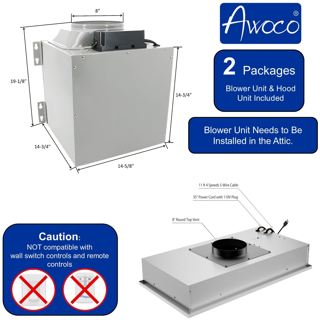 Awoco RH-IT08 11-3/4"D Super Quiet Split Insert Stainless Steel Range Hood, 4 Speeds with a 8” Blower Unit, 1000CFM, Mesh Filters, LED Lights (30”W 8” Vent)