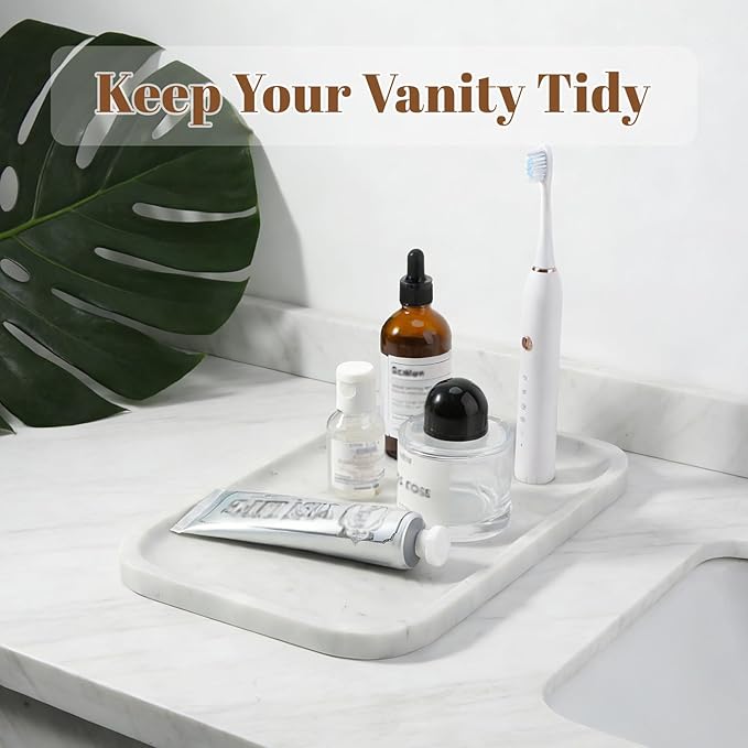 Koville Marble Tray, 12"x8" Bianco Carrara Marble Vanity Tray for Countertop Bathroom Kitchen Dresser, Decorative Catchall Trays for Perfume Jewelry, Rectangular Stone Serving Tray