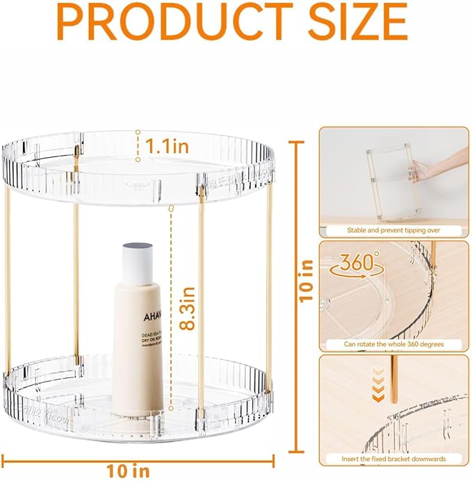 Yieach Acrylic 360 Rotating Makeup Organizer and Perfume Organizer,2 Tier Make Up Holder and Acrylic Skincare Organizers for Countertop,Vanity,Bathroom,Clear Spinning Beauty Organizer for Face Product