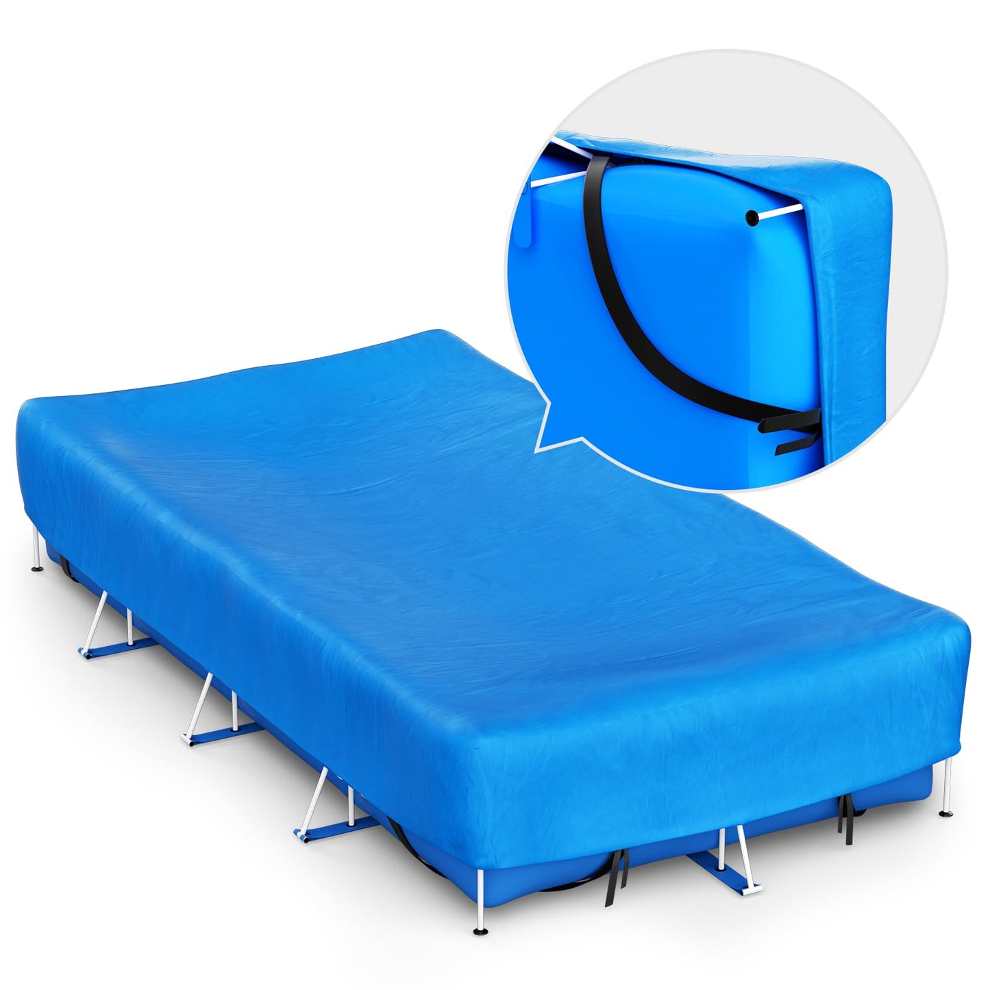 Reinmoson Rectangle Pool Covers for Above Ground Pools Fits 12’ x 7’ to 15’ x 8’ Pools, Rectangular Inflatable Pool Cover with Elastic Edge & Integrated Drawstring for Bestway/Intex/Coleman Pool
