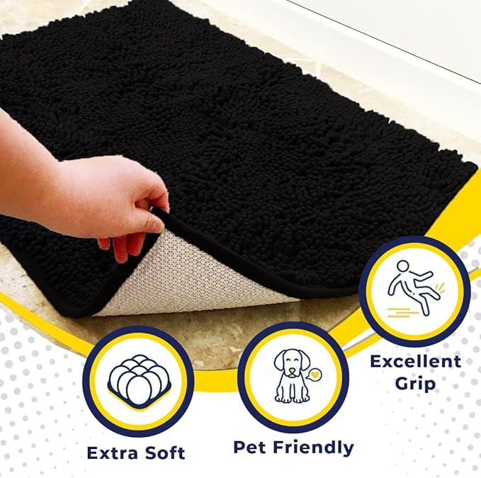 Muddy Mat® | Super Absorbent Door Mat Indoor, Microfiber Quick Dry Chenille Entryway Rug, Non-Slip Front Door Mat, Indoor Mats for Entryway, Machine Washable Pet Rug, Black 6ft x 9ft