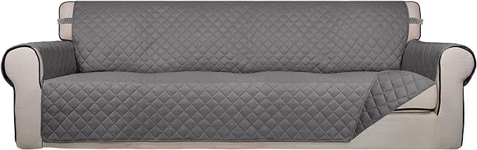 PureFit Reversible Quilted Sofa Cover, Water Resistant Slipcover Furniture Protector, Washable Couch Cover with Non Slip and Elastic Straps for Kids, Dogs, Pets (XX Large, Gray/Gray)