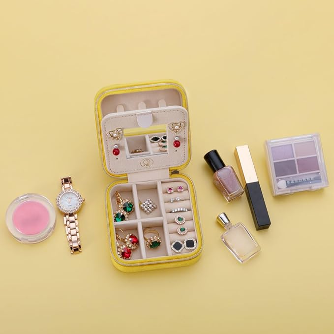 Plush Velvet Travel Jewelry Case, Organizer, Box, Small Case for Women, Earring Organizer with Mirror, Best Gifts For Daughter, Girlfriend, Mom | Gifts For Her - Yellow