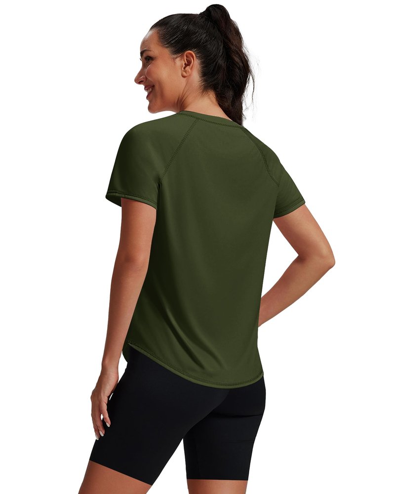 NIASHOT Rash Guard for Women Short Sleeve Uv Protection Shirts Running Moisture Wicking Summer Tops Fitness Yoga Gym Clothes Army Green XL