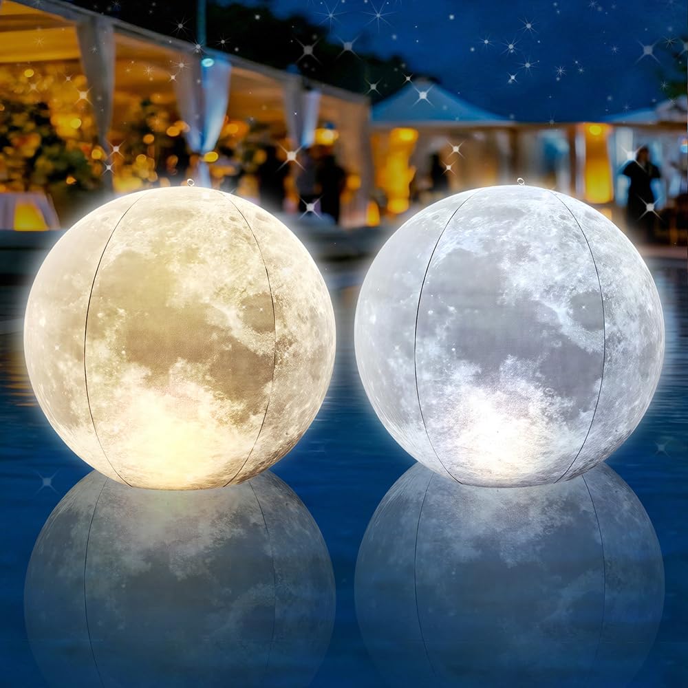 Cootway Full Moon Floating Pool Lights - 15" Inflatable Waterproof Solar Pool Lights that Float, Cool White&Warm White Light Up Pools Balls, Float or Hang in Pond Backyard Garden Party Decorations(2)