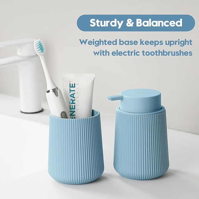 YAUKPH Light Blue Striped Toothbrush Holder for Electric Toothbrushes Bathroom Organizer Cup for Toothpaste Kids & Adults
