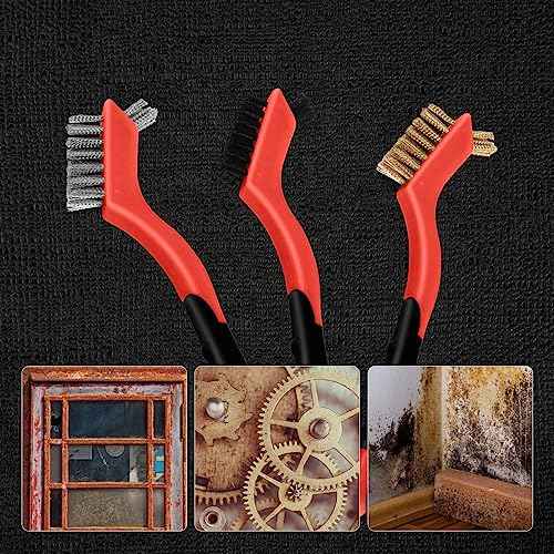 MAXMAN Wire Brush Set 3Pcs, Small Wire Brushes for Cleaning, Rust Remover, Scrub Brush, Detailing Brush, Metal Brush, Stainless Steel/ Brass/ Nylon Bristles Bristle Brush, Scratch Brush, (Red)