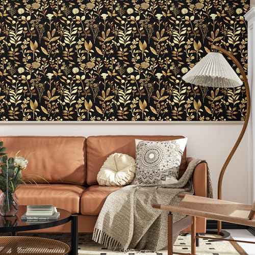 Gold Leaf Wallpaper 17.5" x 118" Blue Floral Contact Paper for Cabinet Waterproof Self Adhesive Wall Paper for Kitchen Countertop Wall