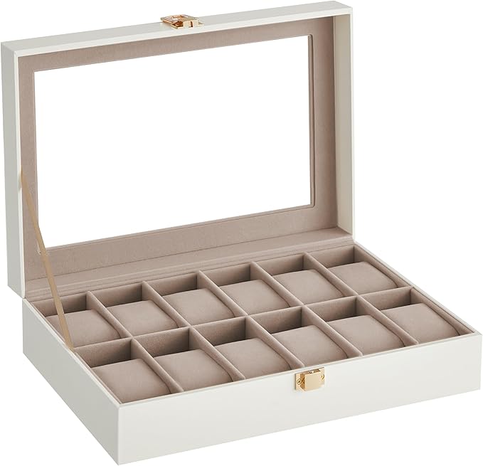 SONGMICS Watch Box, 12-Slot Watch Case Organizer with Large Glass Lid, Removable Pillows, Gift for Loved Ones, Cloud White Synthetic Leather, Cappuccino Beige Lining UJWB120W01