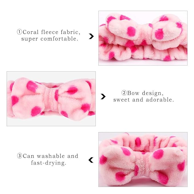 AOPRIE 5pcs Spa Headbands for Washing Face Spa Headbands for Women Soft Coral Fleece Pink Elastic Hair Bands Head Wraps for Shower with Two Beauty Brushes