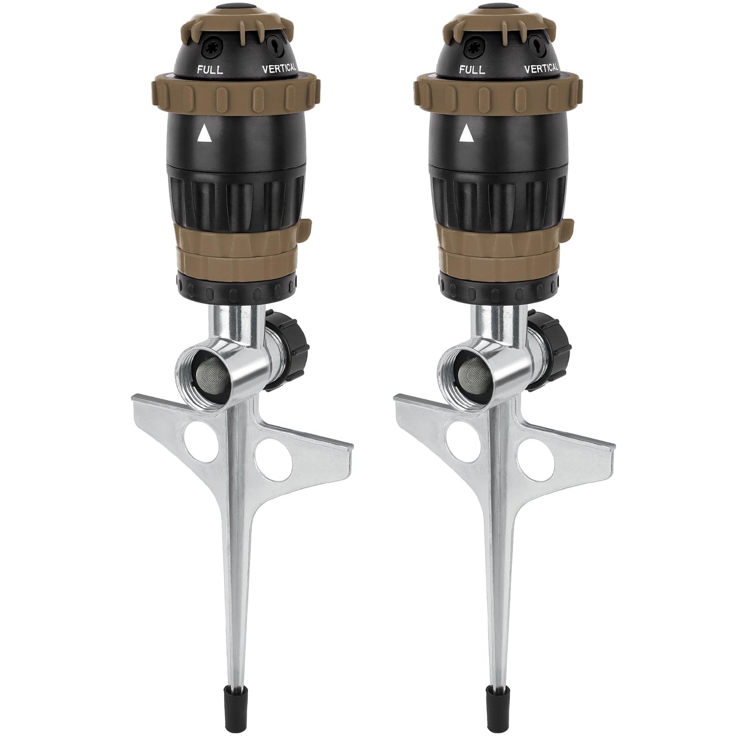 [2 Pack] RESTMO Gear Drive Sprinkler with Metal Spike Base, 5-Pattern Heavy Duty Gardening Watering System, Multi-Adjustable Lawn Sprinkle for Garden Plant, Flower Bed and Large Yard Area, Brown