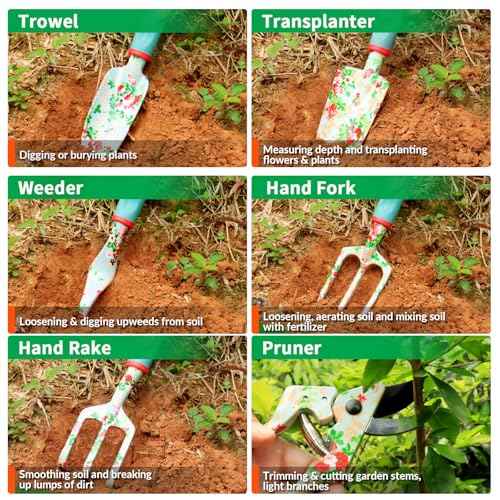 Garden Tools Set, JUMPHIGH 10 PCS Heavy Duty Gardening Tools Includes Hand Trowel Rake Weeder Pruner, Gardening Gifts for Women, Garden Kit with Tote Bag, Apron, Gloves, Kneeling Pad