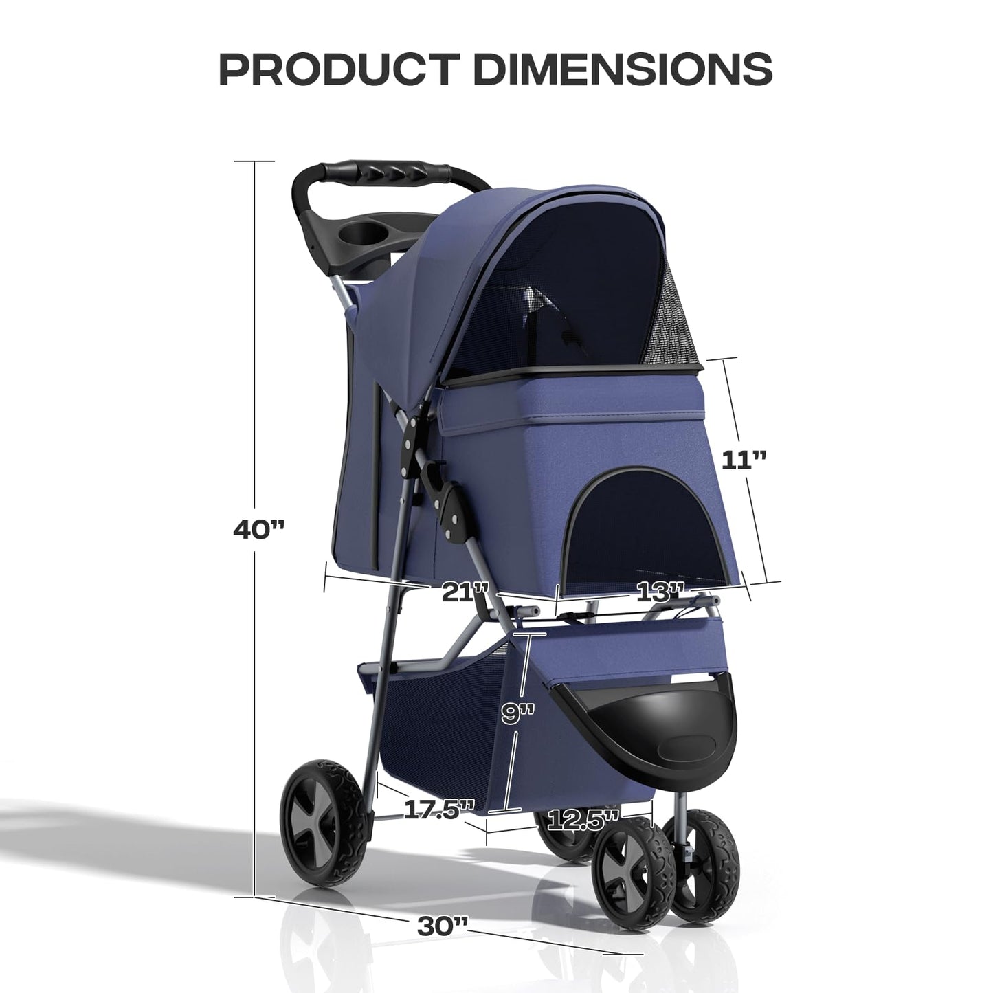 Pet Stroller for Small Dogs 10 lbs, Dog Stroller for Medium Dogs 30 lbs, Cat Strollers for 2 Cats, 3 Wheels Foldable Jogger Puppy Stroller with Storage Basket and Cup Holder, Navy Blue