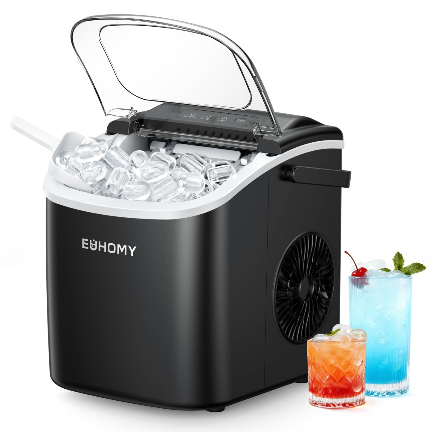 EUHOMY Countertop Ice Maker Machine with Handle, 26lbs Per Day, 9 Bullet Cubes in 6 Mins, Self-Cleaning Portable Ice Maker with Basket and Scoop, for Home/Kitchen/Camping/RV (Black)