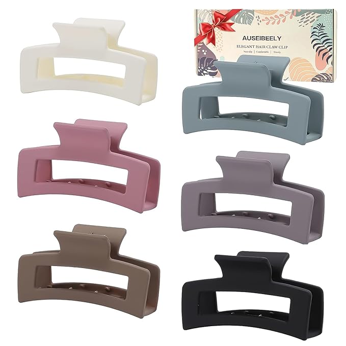 Auseibeely 6 Pack Square Claw Clips, Hair Clips for Women Girls, 3.5" Medium Non-slip Rectangular Claw, Strong Jumbo Matte Hair Clips for Thin Hair