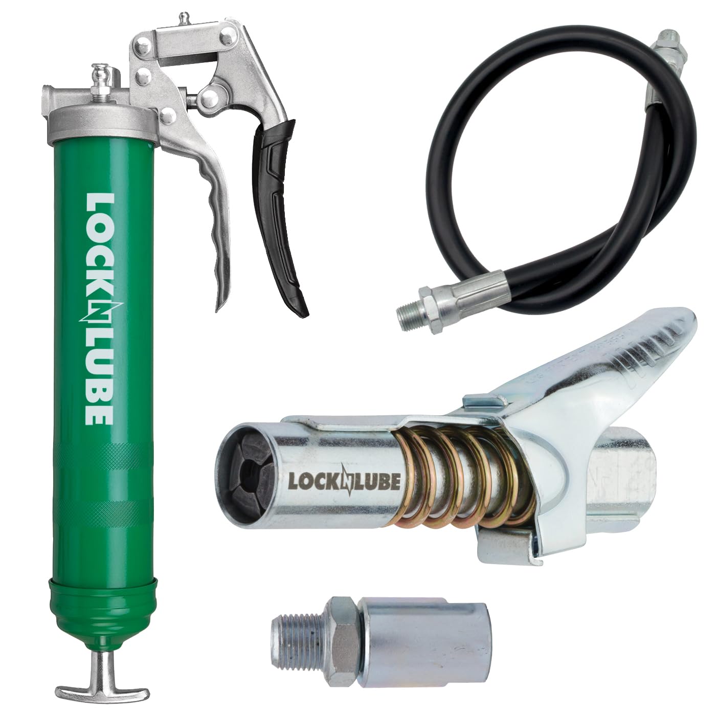 LockNLube Heavy-Duty Pistol Grip Grease Gun. Includes our patented LockNLube® Grease Coupler (Locks On, Stays On, Won't Leak!) plus a high-quality 20" hose and in-line hose swivel