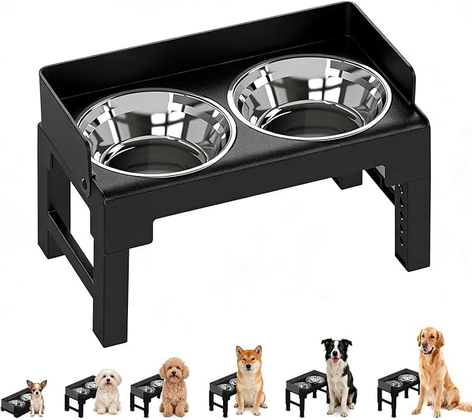 PAKEWAY Elevated Dog Bowls, Spill Proof, Tiltable Dog Feeder with 2 Stainless Steel Bowls, 6 Height Adjustable Raised Bowl