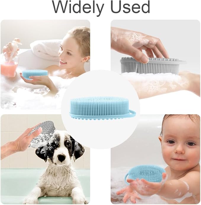 Silicone Body Scrubber, Exfoliating Silicone Loofah, Soft Silicone Body Shower, 2 in 1 Bath and Shampoo Brush, Body Scrubber Shower Cleaning for Sensitive Skin, Lather Well 2 PCS Grey and Blue
