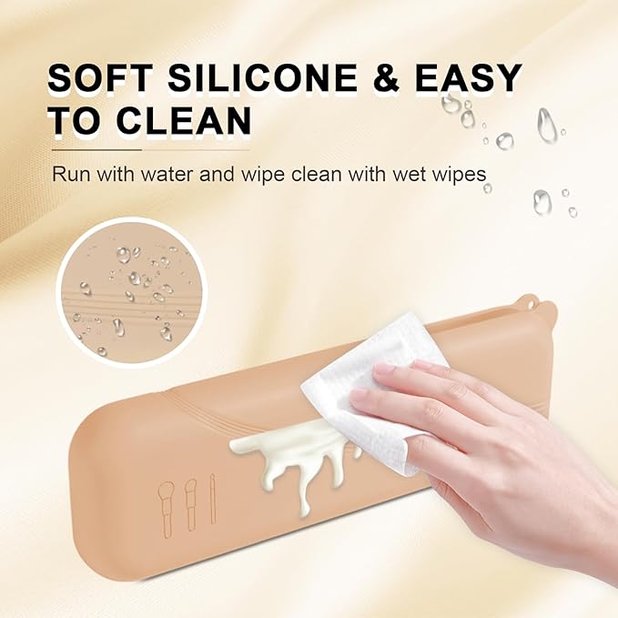 Silicone Makeup Brush holder travel case,Large makeup brush bag with Half-open Snap Design, Anti-fall Out vanity organizer for Toothbrushes,lipstick,eyebrow pencil,BB Cream,Liquid Foundation(Khaki)