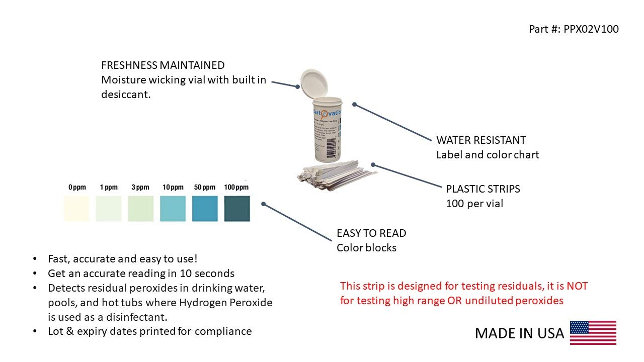 Hydrogen Peroxide H2O2 0-100 ppm Test Strip Kit, Low Level [Vial of 100 Strips]