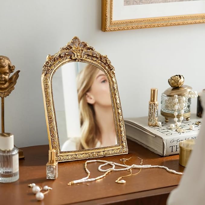 YUSONG Vintage Makeup Desk Mirror - 7" Gold Antique Mirror for Tabletop Resin Frame Decorative Wall Art for Living Room, Bedroom Decor, Vanity Table