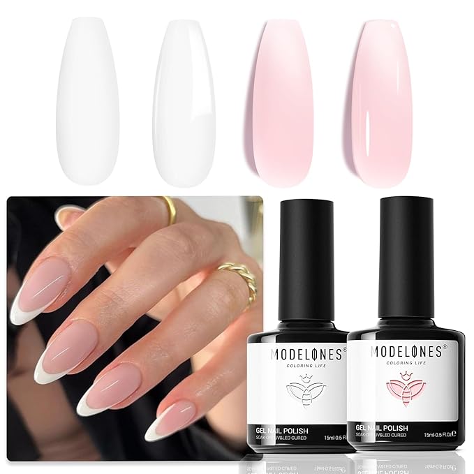 modelones French Manicure Tip Gel Polish Set, 2Pcs 15ML White Nude Pink Gel Nail Polish Jelly Milky Pink White Colors Soak Off U V LED Classic French Nail Kit for DIY at Home Salon for Women