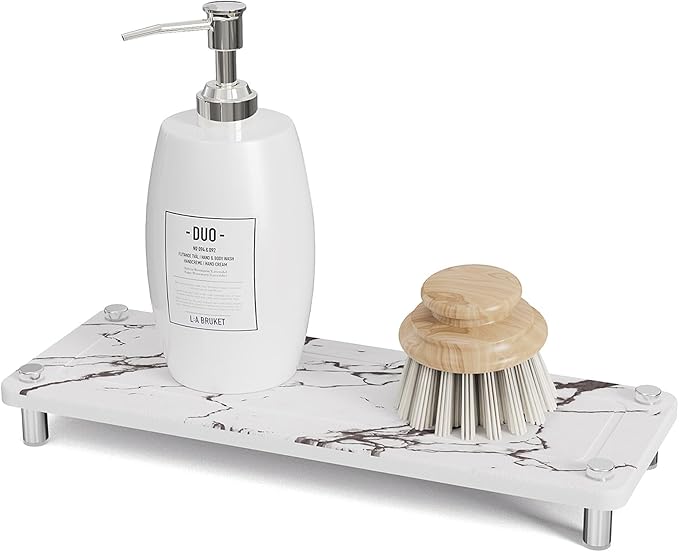Kitchen Sink Caddy Water Absorbing Stone Tray For Sink, Diatomite Bathroom Countertop Tray Organizer, Faucet Stone Drying Mat Coaster Soap Dish Sponge Dispenser Holder (Marble)