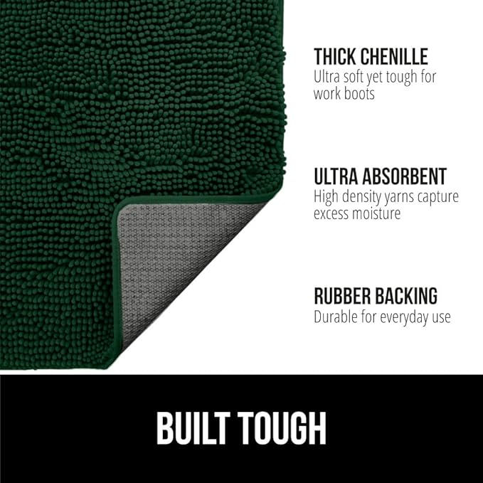 GORILLA GRIP SoakSTOPPER Dog Door Mat, 30x20 Machine Washable Rug Absorbent Doormat Captures Moisture Mud Dirt, Quick Dry Soft Chenille Entryway Rugs Indoor Entrance Mats for Dog Paws, Deep Green