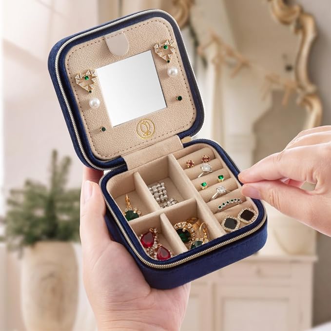 Plush Velvet Travel Jewelry Case,Mini Jewelry Box,Small Jewelry Organizer Portable Display Jewelry Storage Case, for Girls Women (NavyBlue-With Mirror)