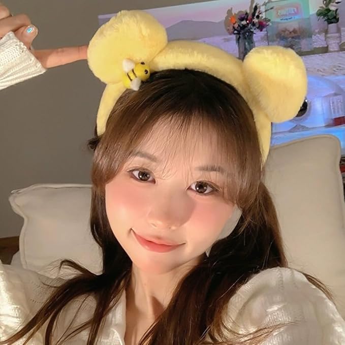 Yellow Plush Bear Ears Headband and Hair Ties, 2-Piece Spa Headband & Wristband Set, Soft Towels Washbands Elastic Plush Bear Spa Hairband, Ponytail Holders