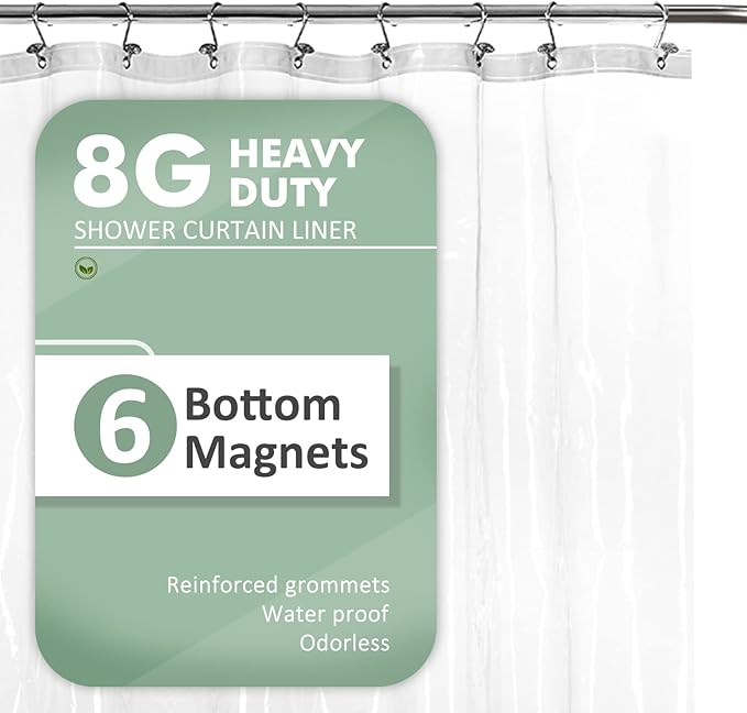 Barossa Design Shower Curtain Liner with 6 Magnets - Heavy Duty PEVA Plastic Shower Curtain for Bathroom, Waterproof Vinyl & See Through Bath Liner, Metal Grommets - Clear, 72x72