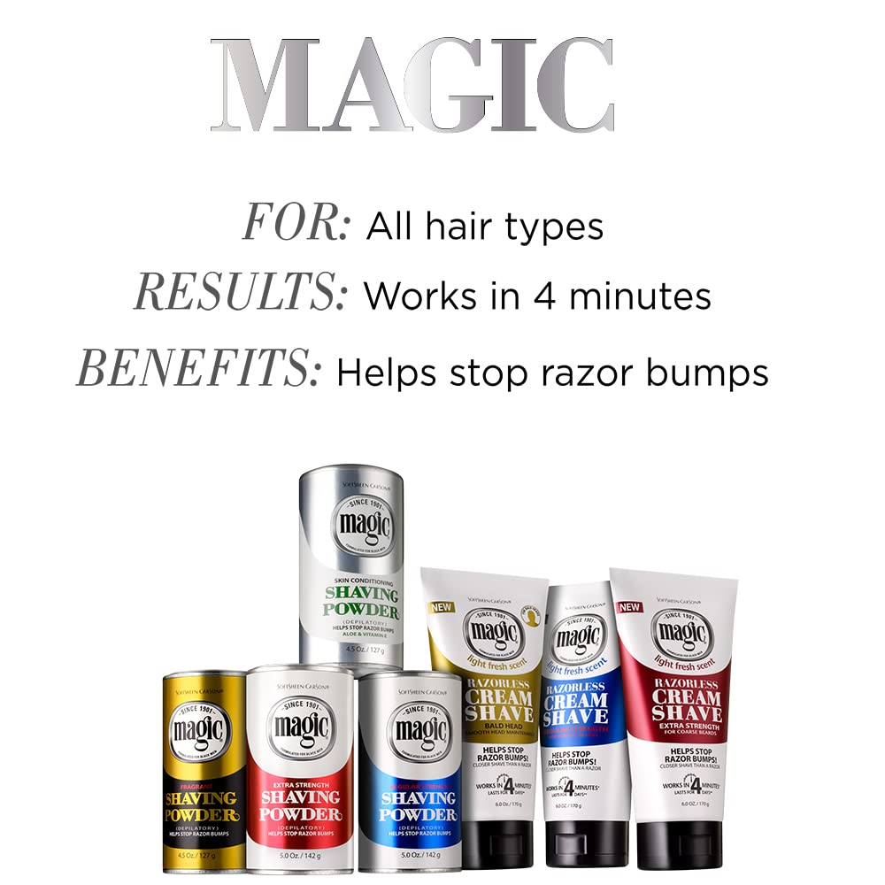 SoftSheen-Carson Magic Razorless Shaving for Men, Magic Skin Conditioning Shaving Powder, with Vitamin E and Aloe, formulated for Black Men, Depilatory, Helps Stop Razor Bumps, 4.5 oz