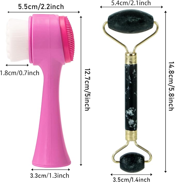 Face Brush 2 in 1, Silicone Facial Cleansing Exfoliating Brush Soft Bristles Pore Deep Cleansing, Jade Face Roller Skin Care Tools, Manual Dual Face Wash Scrub Brush Massaging Gift,PurpleBlack