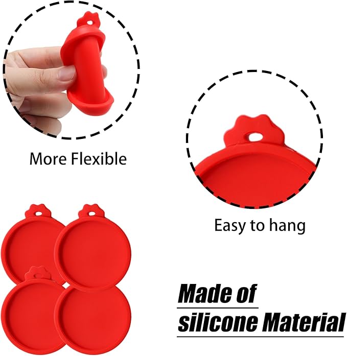 PINE & LINEN 4 Pcs 2.5inch Durable Pet Can Lids, Silicone Small Pet Can Covers Waterproof Cat Food Cans Lids for 3 oz Cat Food Cans（Red）