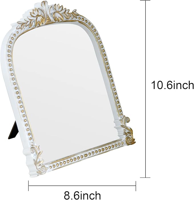 Antique White Plastic Arched Makeup Mirror, Standing, Hanging or Wall Mount, Bathroom, Living Room, Bedroom White and Gold Decorative Mirror (10.6 x 8.6 inch)
